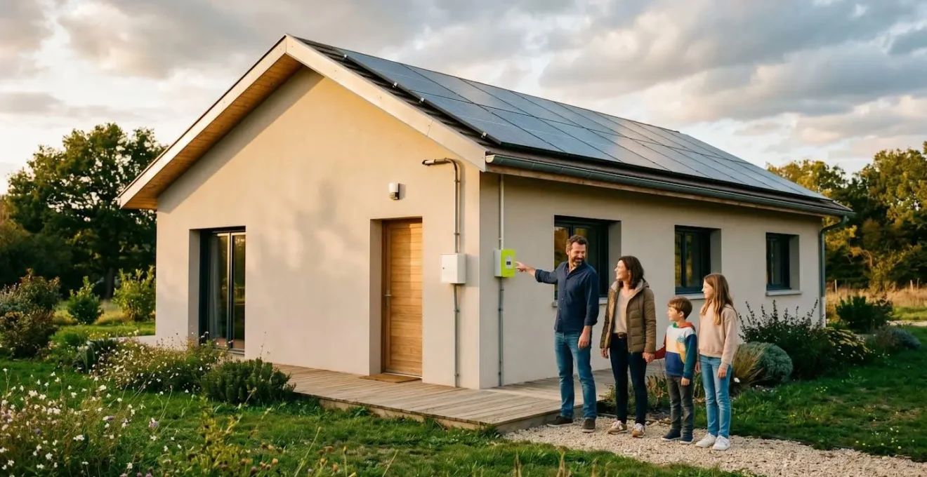 Famille de quatre personnes debout devant leur maison équipée de panneaux solaires sur la toiture, observant leur compteur électrique en fin d'après-midi