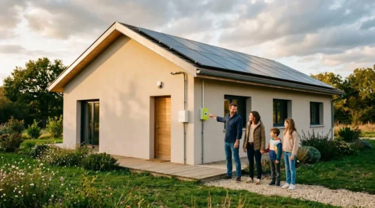 Famille de quatre personnes debout devant leur maison équipée de panneaux solaires sur la toiture, observant leur compteur électrique en fin d'après-midi