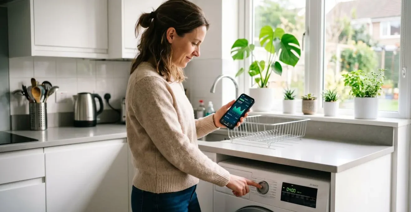 Femme d'une quarantaine d'années dans une cuisine moderne, programmant le départ différé de son lave-linge via une application mobile sur smartphone