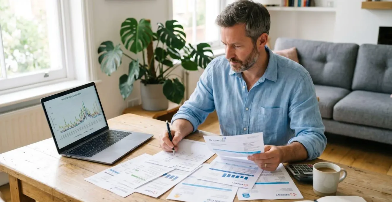 Homme quadragénaire assis à une table de salon, consultant des factures d'électricité papier étalées devant lui, ordinateur portable ouvert affichant un graphique de consommation