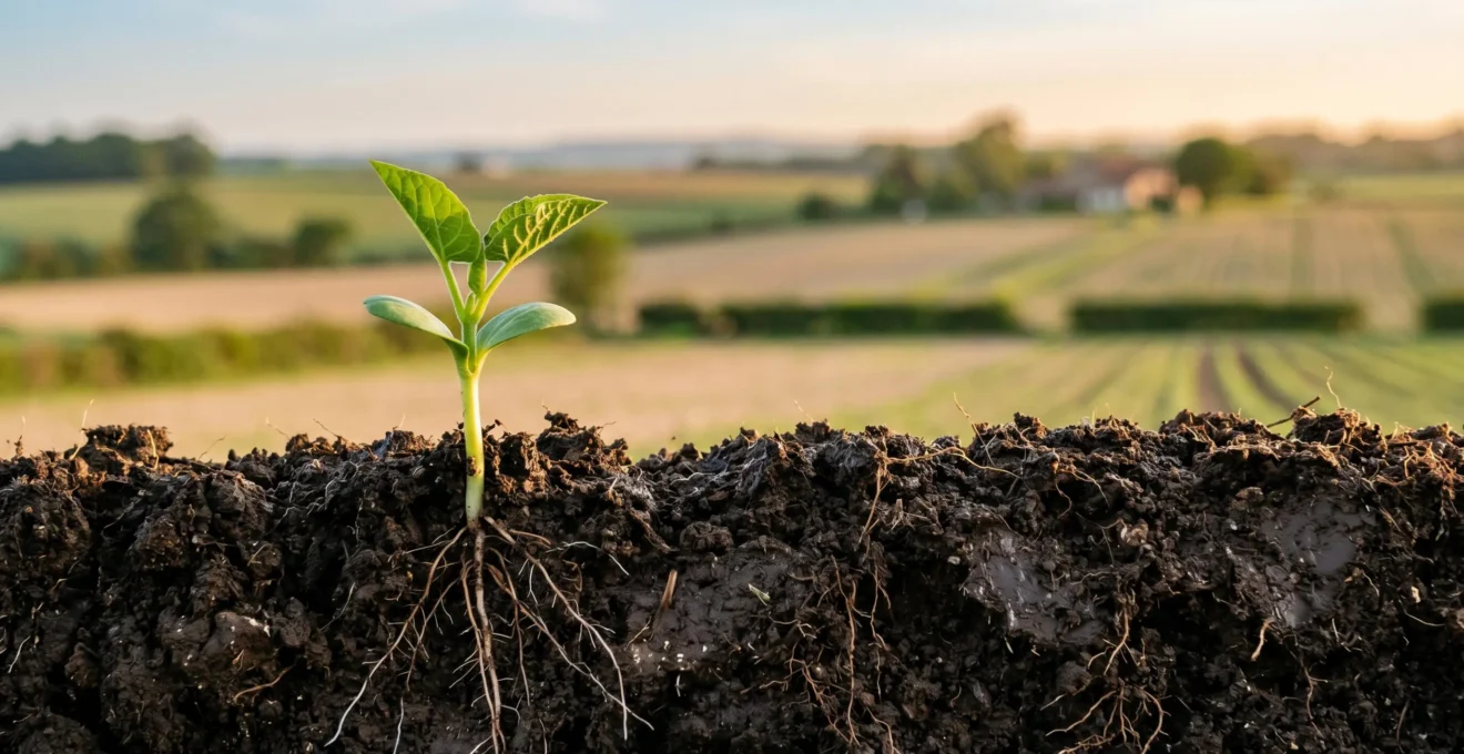 Jeune pousse verte émergeant d'un sol organique avec racines visibles, sur fond de paysage agricole français flou, lumière naturale dorée du matin