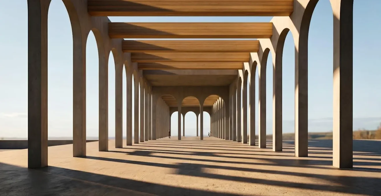 Structure architecturale moderne en béton clair avec arches élégantes et piliers fins, lumière naturelle créant ombres géométriques, perspective valorisant hauteur