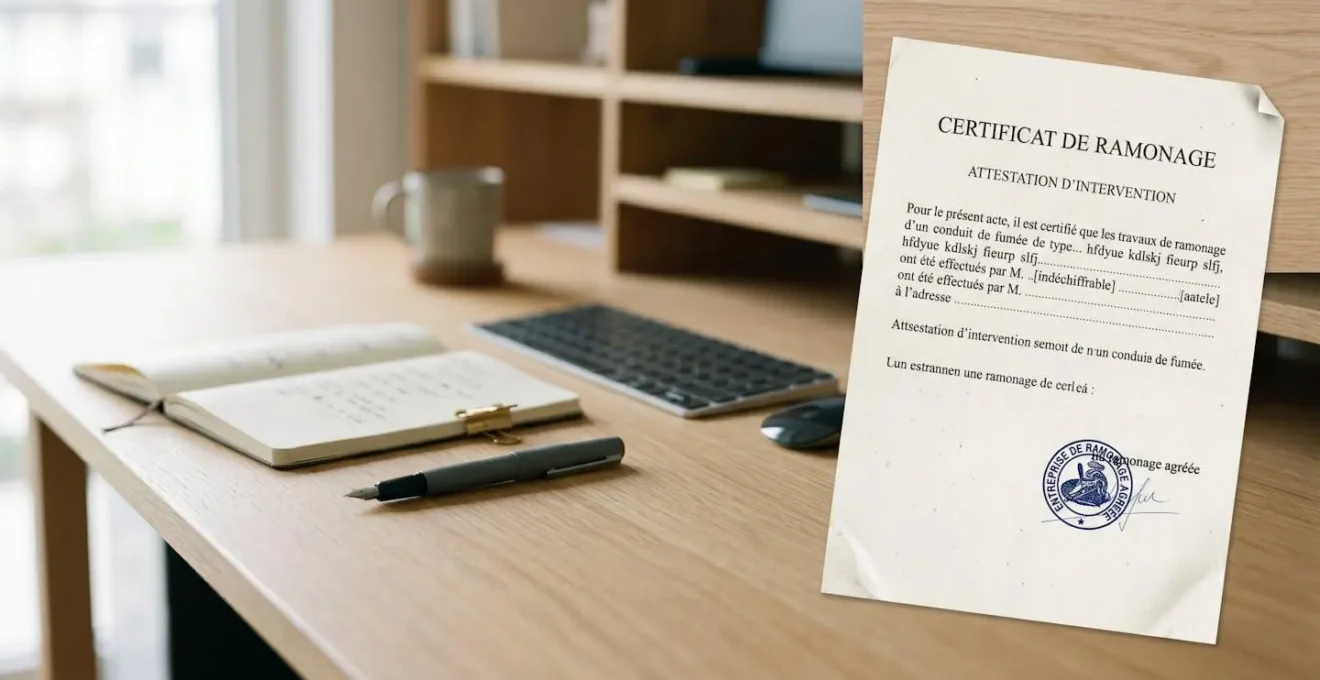 Certificat de ramonage officiel partiellement visible sur un bureau, tampon professionnel et signature manuscrite apparents, contexte administratif contemporain en arrière-plan