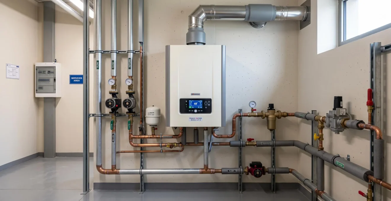 Chaudière propane à condensation professionnelle moderne avec affichage digital, installée dans local technique avec tuyauterie et vannes de régulation visibles