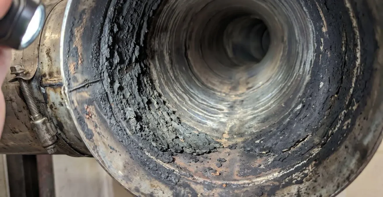 Gros plan de l'intérieur d'un conduit d'évacuation métallique de chaudière montrant des dépôts noirs de suie et résidus de combustion sur les parois