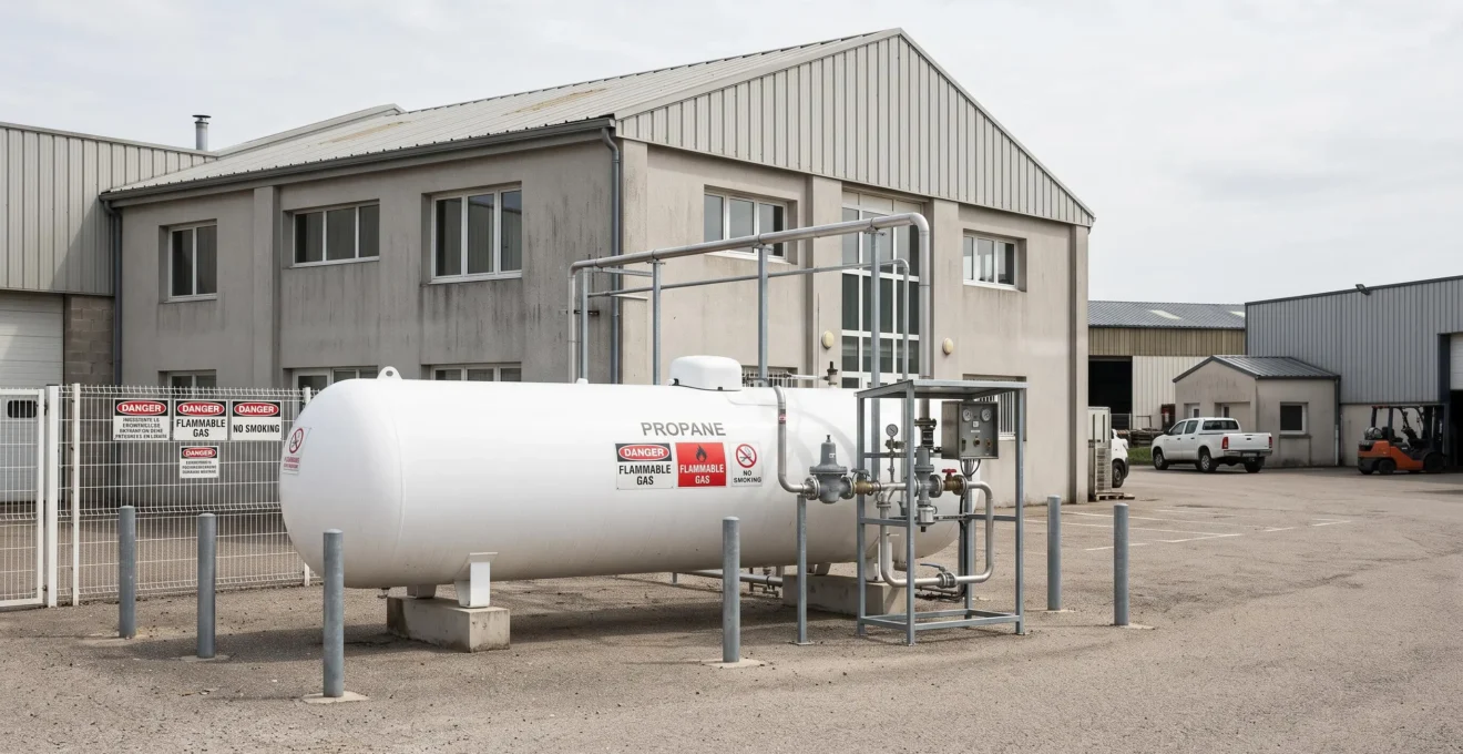 Installation professionnelle de stockage propane avec citerne aérienne blanche, réseau de canalisations métalliques et armoire de distribution, sur site industriel français