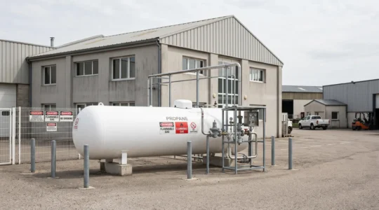 Installation professionnelle de stockage propane avec citerne aérienne blanche, réseau de canalisations métalliques et armoire de distribution, sur site industriel français
