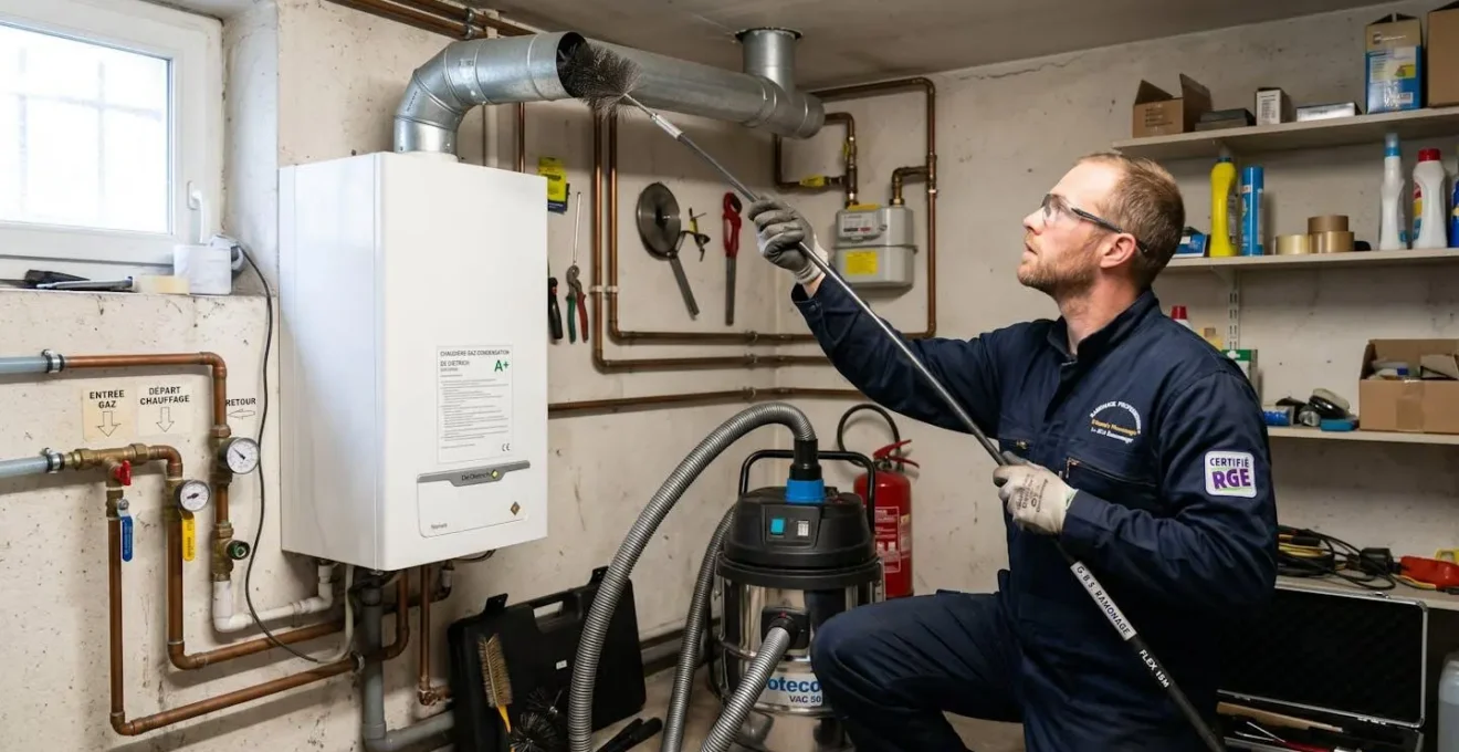 Ramoneur professionnel certifié en tenue de travail inspectant le conduit d'évacuation d'une chaudière à gaz murale blanche dans une chaufferie domestique, outils de ramonage visibles