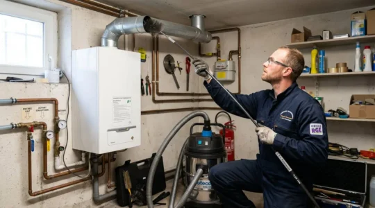 Ramoneur professionnel certifié en tenue de travail inspectant le conduit d'évacuation d'une chaudière à gaz murale blanche dans une chaufferie domestique, outils de ramonage visibles