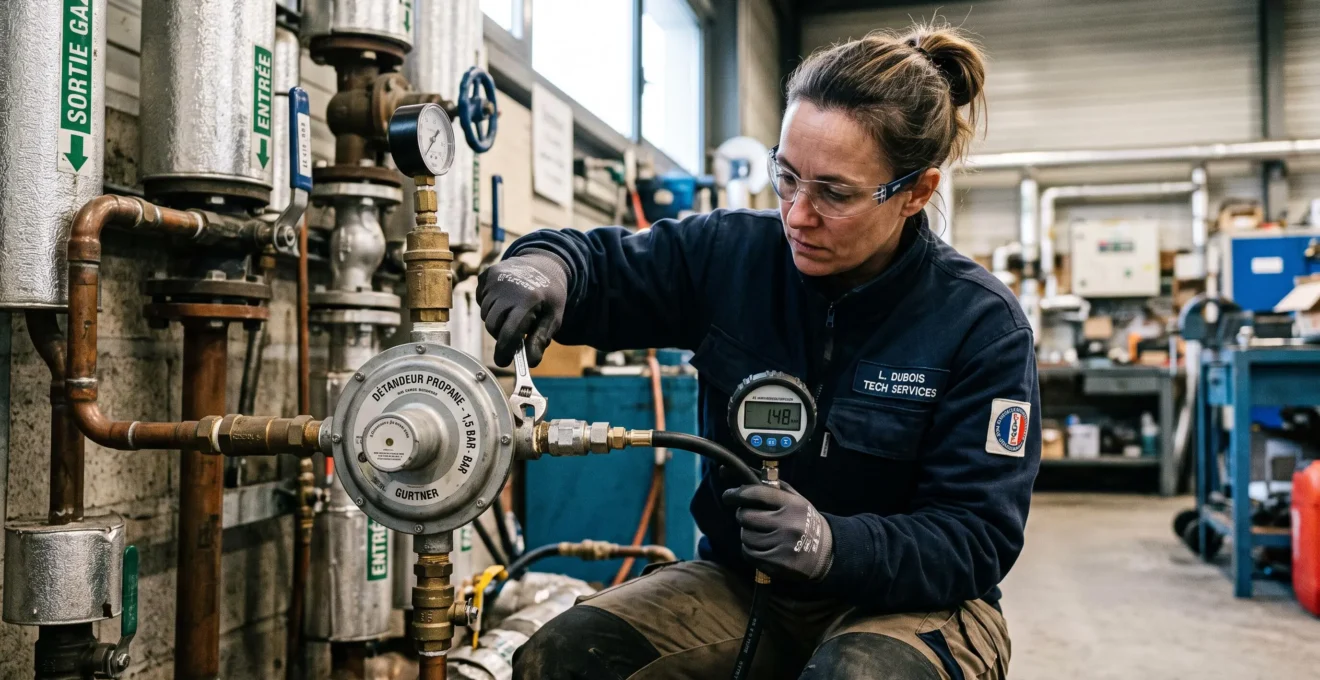 Technicien qualifié en vêtement professionnel effectuant la maintenance d'un détendeur de pression sur installation propane, avec appareil de mesure