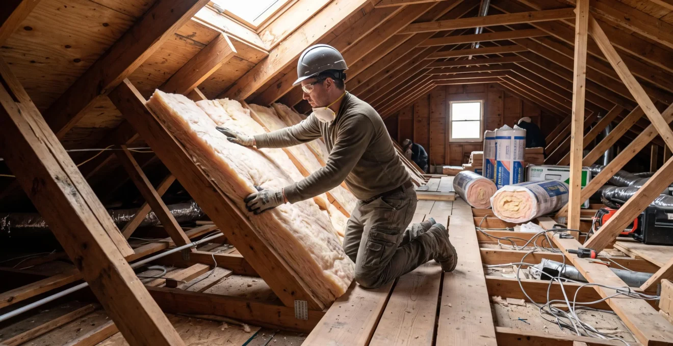 Travaux d'isolation thermique extérieure sur la façade d'un immeuble de bureaux, avec des ouvriers installant des panneaux isolants sur un échafaudage