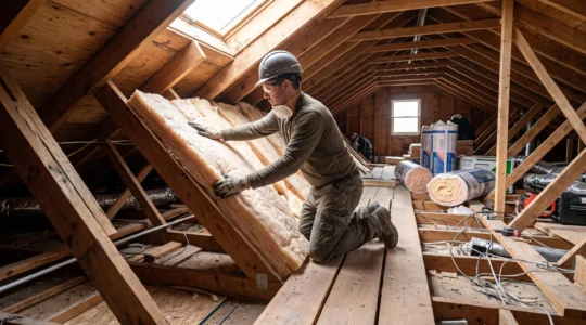 Travaux d'isolation thermique extérieure sur la façade d'un immeuble de bureaux, avec des ouvriers installant des panneaux isolants sur un échafaudage