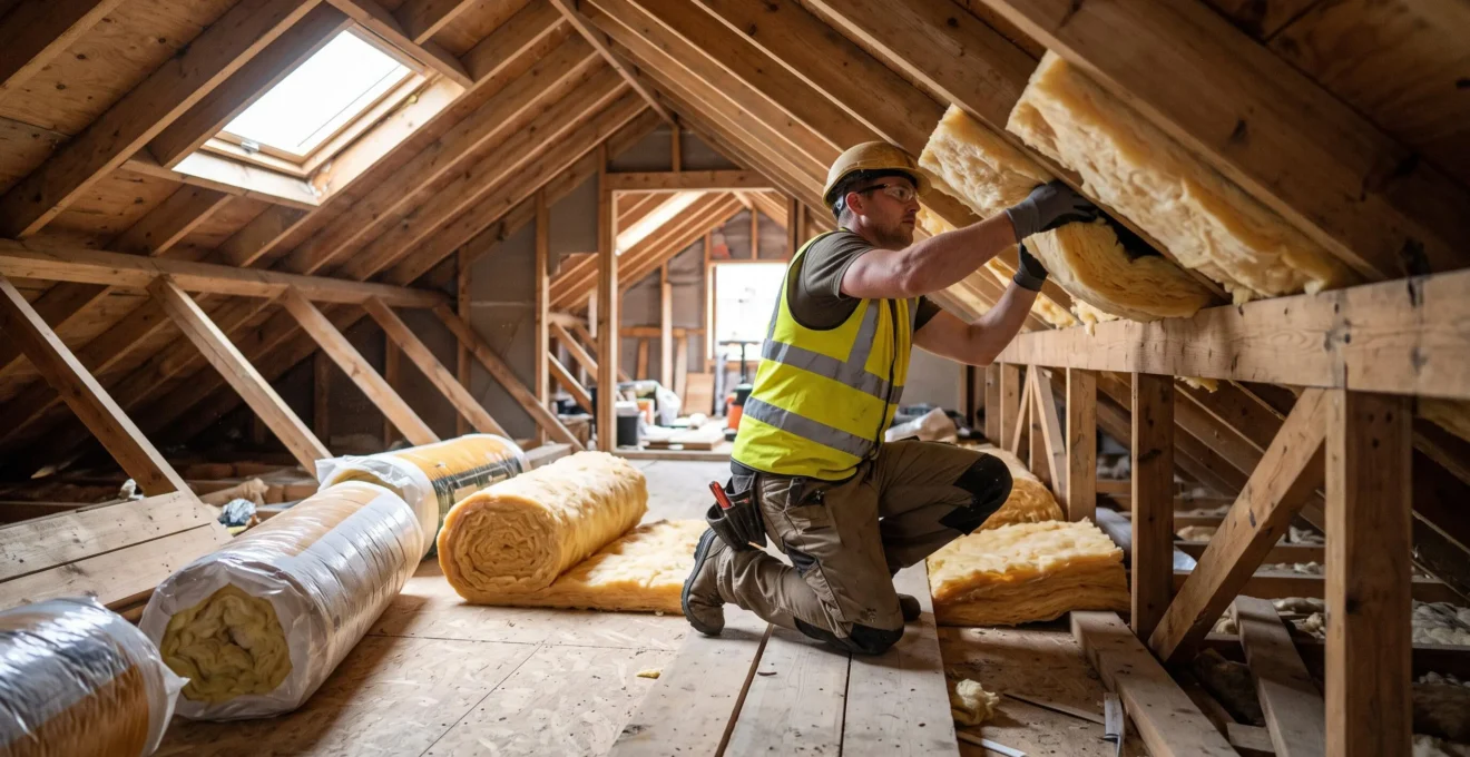 Professionnel du bâtiment installant des rouleaux d'isolation thermique entre les poutres dans les combles d'un bâtiment tertiaire