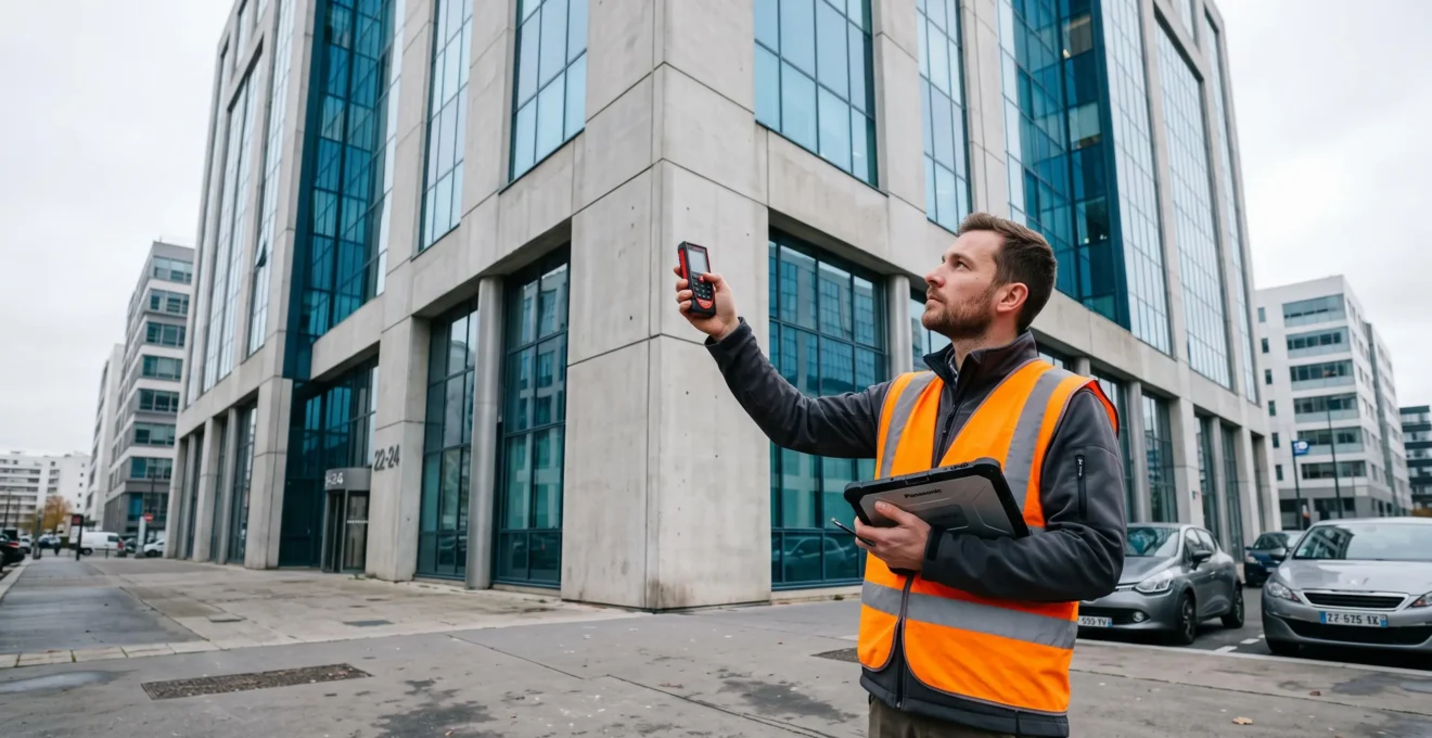 Un géomètre mesure la façade d'un grand immeuble de bureaux tertiaire avec un télémètre laser depuis le trottoir.