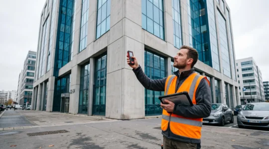 Un géomètre mesure la façade d'un grand immeuble de bureaux tertiaire avec un télémètre laser depuis le trottoir.