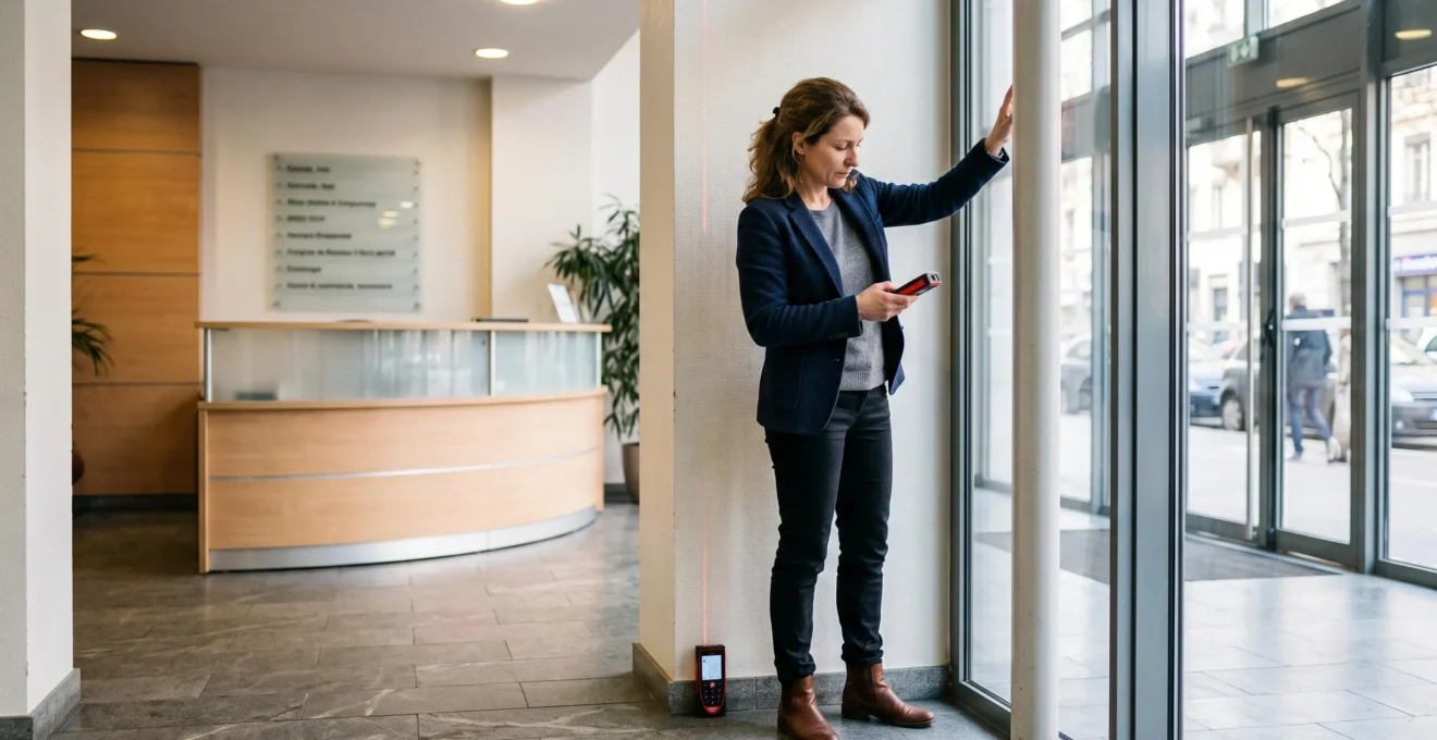 Une gestionnaire immobilière mesure la hauteur du hall d'un immeuble tertiaire avec un télémètre laser.