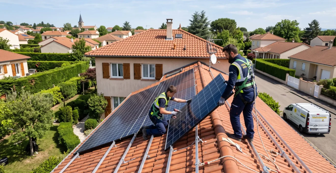 Deux installateurs posant des panneaux photovoltaïques sur le toit en tuiles d'une maison française.