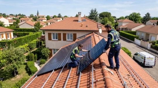 Deux installateurs posant des panneaux photovoltaïques sur le toit en tuiles d'une maison française.