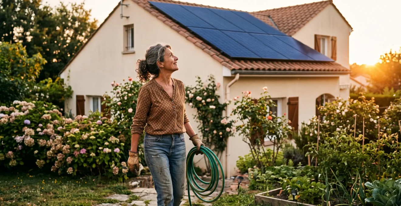Une propriétaire debout dans son jardin regarde les panneaux solaires installés sur le toit de sa maison au coucher du soleil.