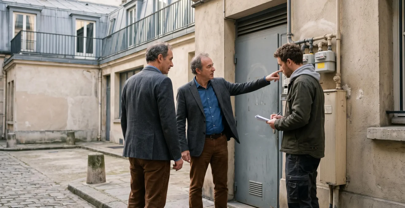 Un propriétaire et un locataire examinent ensemble des compteurs techniques sur le mur d'une cour d'immeuble mixte.