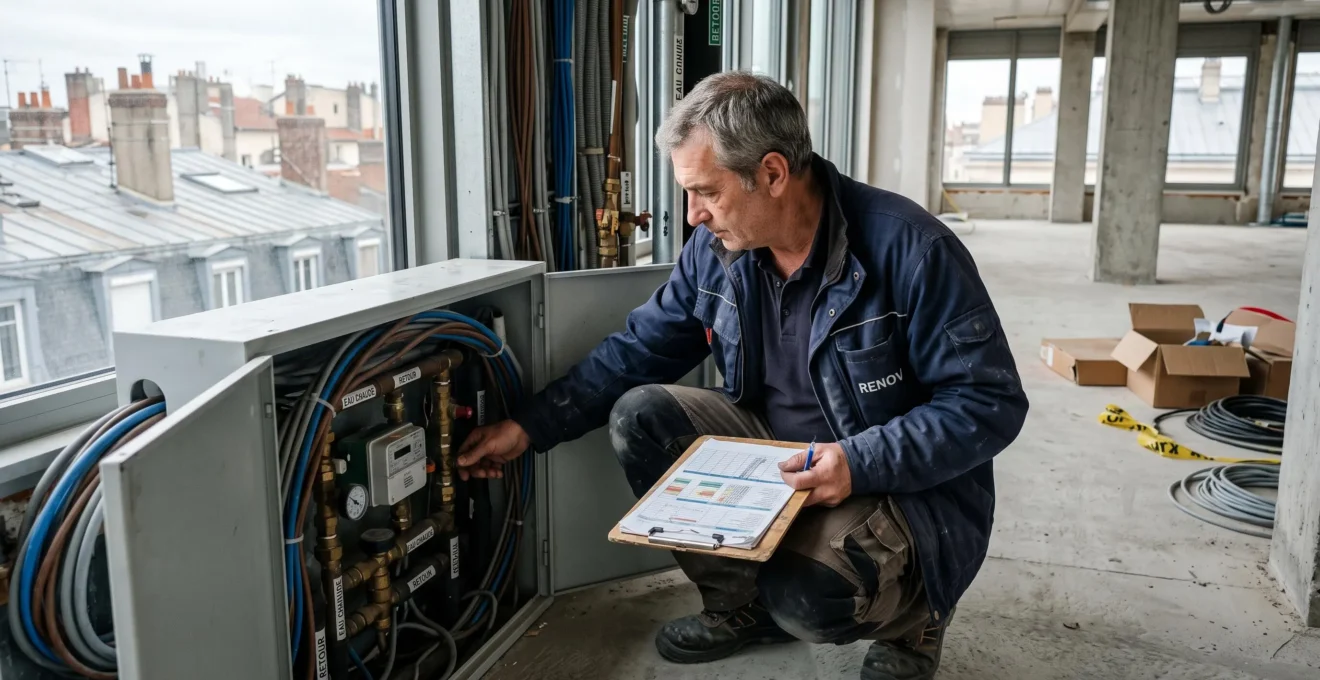 Un responsable technique accroupi vérifie un compteur d'énergie dans une gaine technique d'un étage de bureaux vide.
