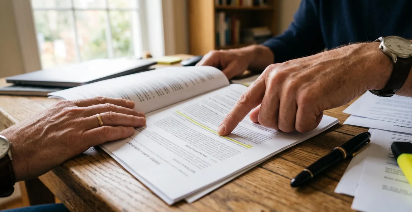 Des mains examinent attentivement une clause d'un contrat d'énergie imprimé.