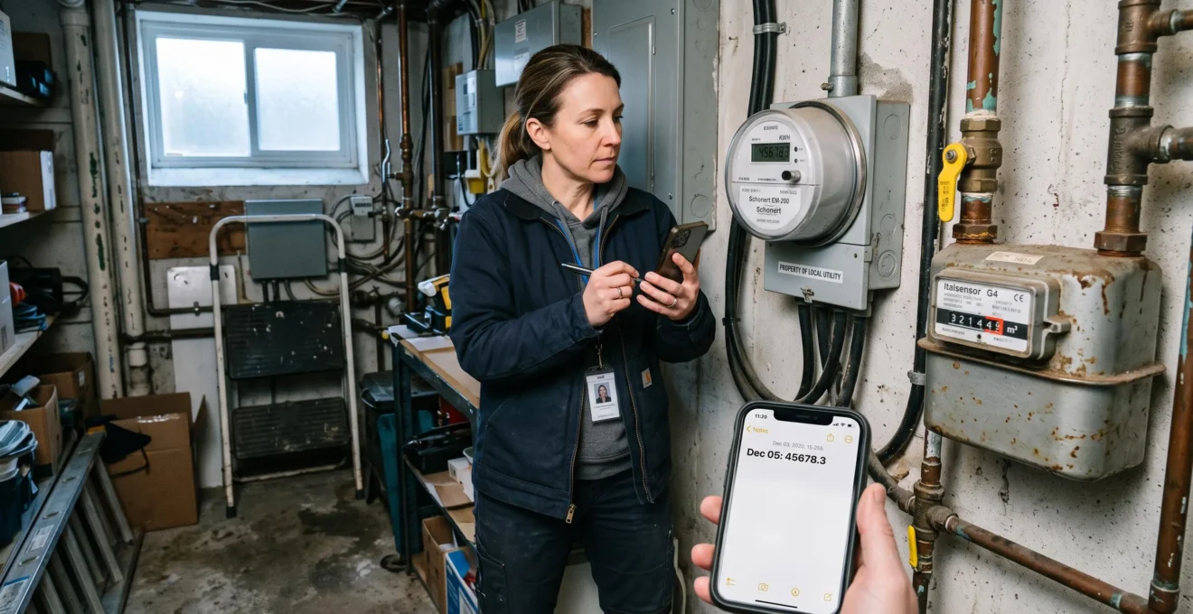 Un artisan relève l'index d'un compteur électrique dans un local technique d'entreprise.