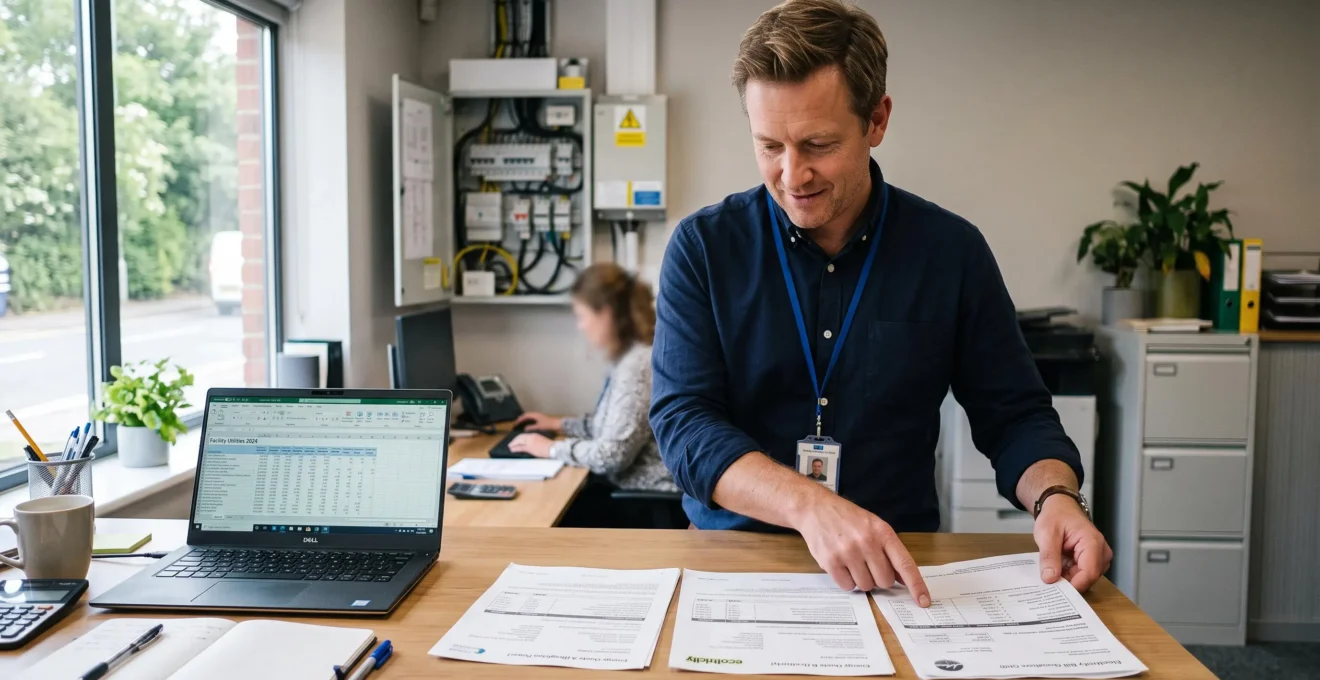 Un responsable de site compare deux devis d'énergie posés côte à côte sur son bureau.
