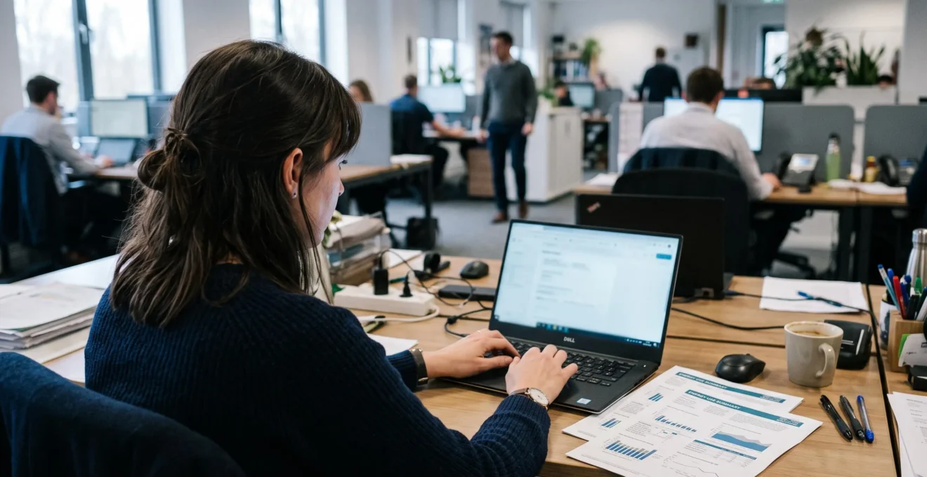 Une salariée saisit des informations d'offres d'énergie sur son ordinateur portable.